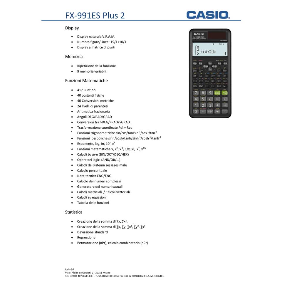 Calcolatrice scientifica CASIO FX-991ES PLUS-2 con 417 funzioni. Ammessa alla Maturità.