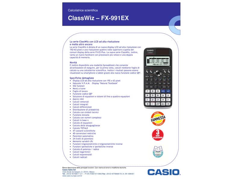 Calcolatrice scientifica CASIO FX-991EX con 552 funzioni. Ammessa alla Maturità. FX-991EX-W-ET-V