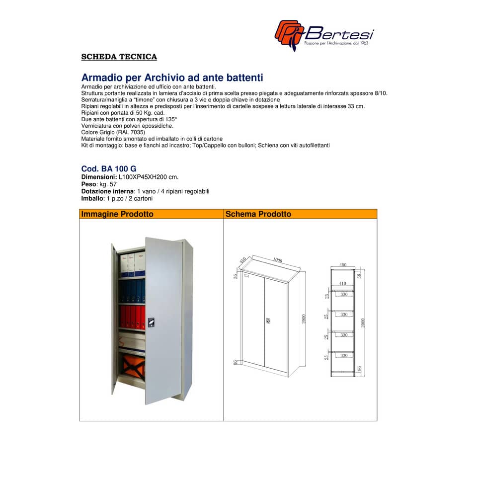 Armadio in metallo con porte battenti KUBO 1 vano / 4 ripiani grigio 100x45x200 cm - BA100 G