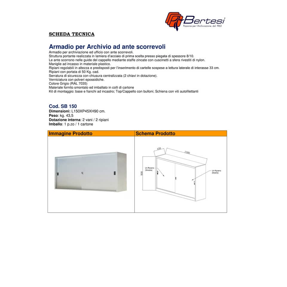 Armadio basso metallico KUBO ante scorrevoli 2 vani/2 ripiani 150x45x90 cm grigio - SB 150