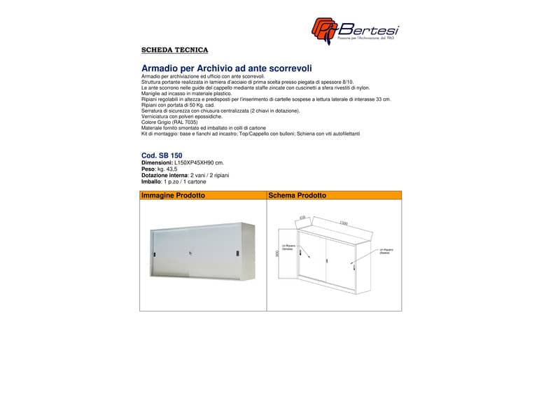 Armadio basso metallico KUBO ante scorrevoli 2 vani/2 ripiani 150x45x90 cm grigio - SB 150