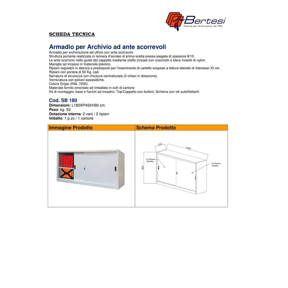 Armadio basso metallico KUBO ante scorrevoli 2 vani/2 ripiani 180x45x90 cm grigio - SB 180