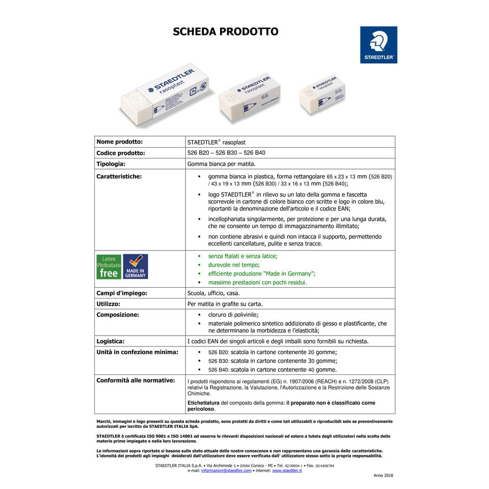 Gomma morbida Staedtler Dust Free bianca  526 S20