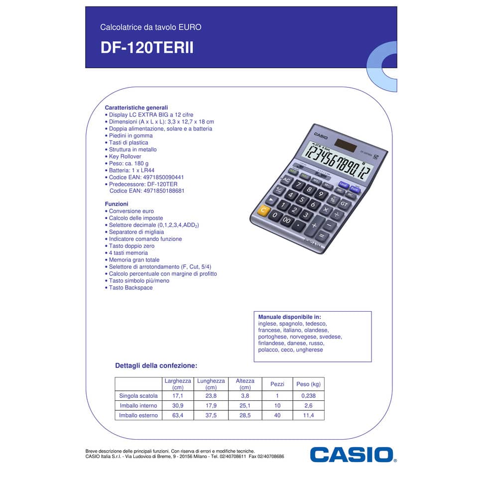 Calcolatrici da tavolo CASIO Extra Big LC display 12 cifre - solare e batteria Blu - DF-120TER II