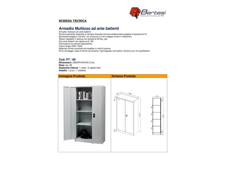 Armadio multiuso KUBO 2 ante/4 ripiani 90x41x181,5 cm grigio PT /90