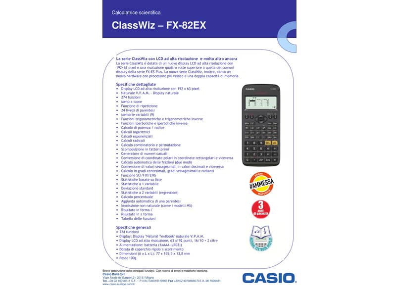 Calcolatrice scientifica CASIO FX-82EX con 274 funzioni. Ammessa alla Maturità. FX-82EX-W-EJ-V