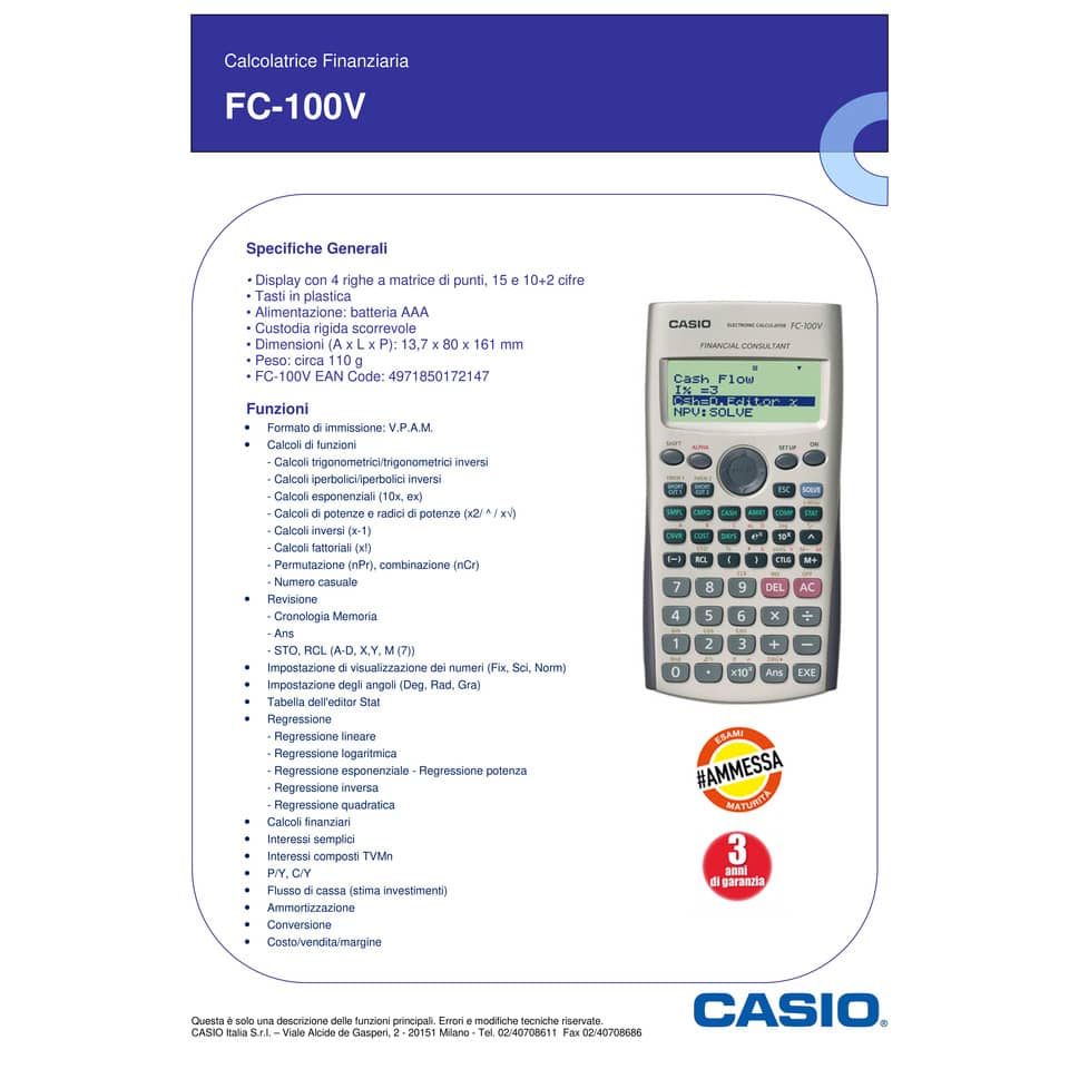 Calcolatrici finanziarie CASIO FC-100V con display a 4 righe - argento FC-100V