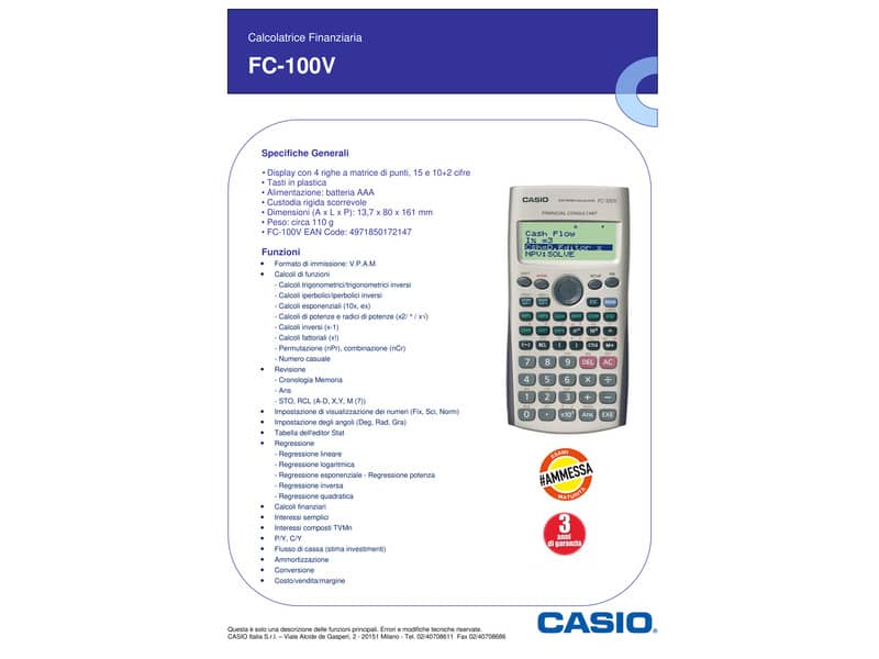 Calcolatrici finanziarie CASIO FC-100V con display a 4 righe - argento FC-100V