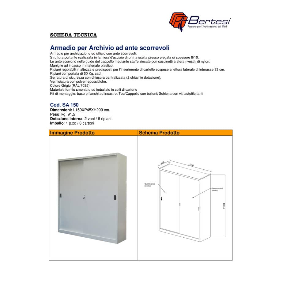 Armadio alto metallico KUBO ante scorrevoli 2 vani/8 ripiani 150x45x200 cm grigio - SA 150