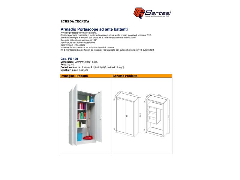 Armadio porta scope KUBO 2 ante 90x41x181,5 cm grigio PS /90