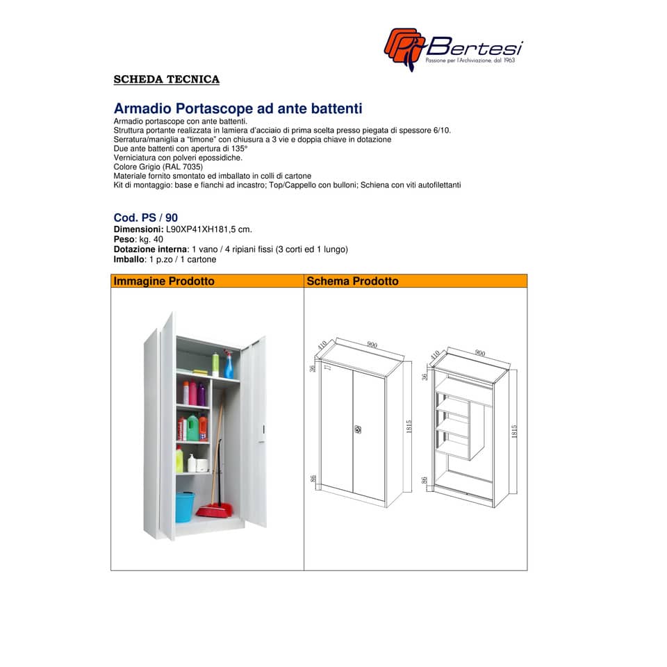 Armadio porta scope KUBO 2 ante 90x41x181,5 cm grigio PS /90