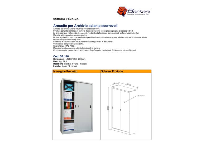 Armadio alto metallico KUBO ante scorrevoli 1 vano/4 ripiani 120x45x200 cm grigio - SA 120