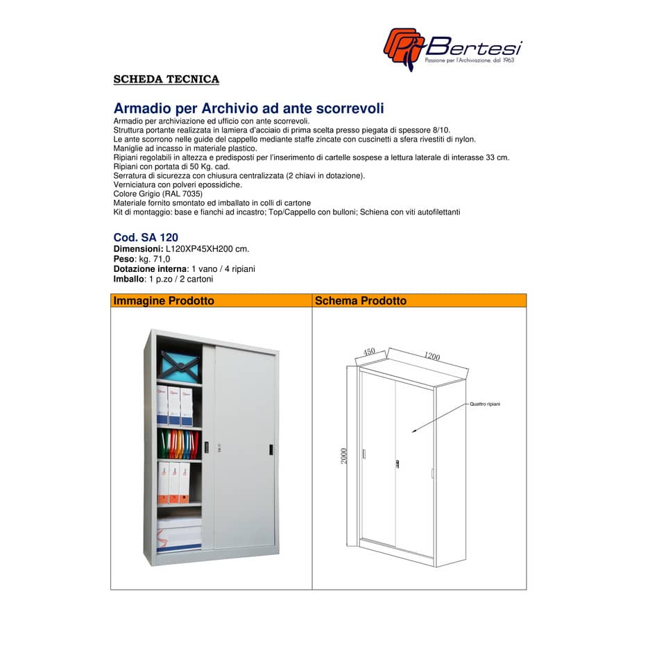 Armadio alto metallico KUBO ante scorrevoli 1 vano/4 ripiani 120x45x200 cm grigio - SA 120