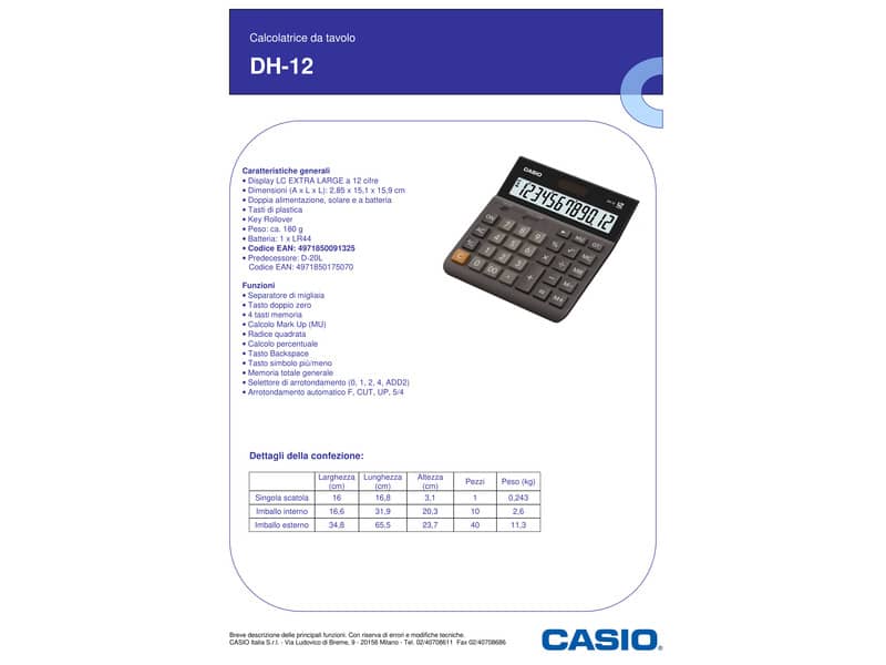 Calcolatrice da tavolo CASIO display 12 cifre - solare e batteria nero DH-12BK