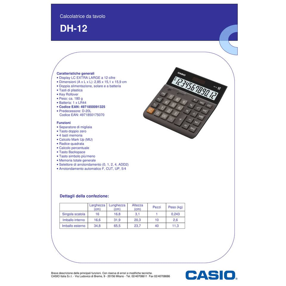 Calcolatrice da tavolo CASIO display 12 cifre - solare e batteria nero DH-12BK