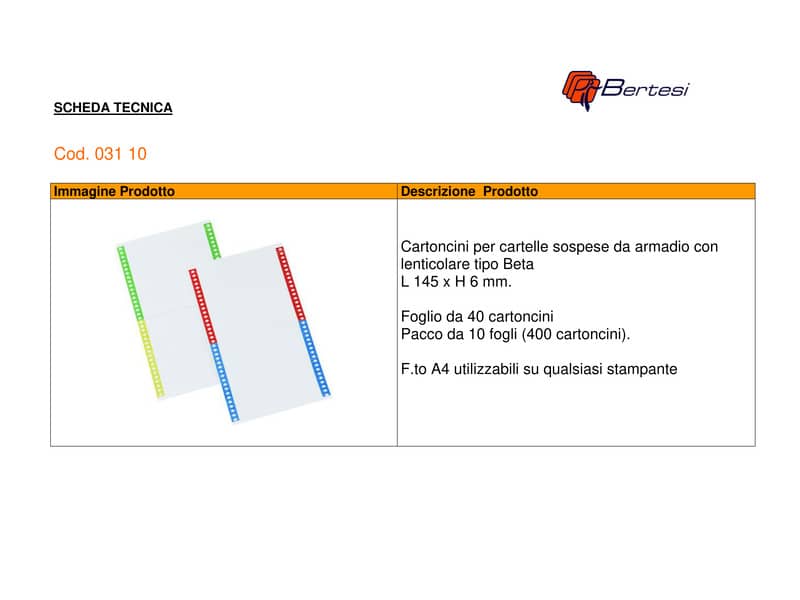 Cartoncini di ricambio BERTESI per cart. sospese armadio 30x22x2 cm Modelli Joker e Cartesio Plus  Conf. 10 pezzi - 033 10