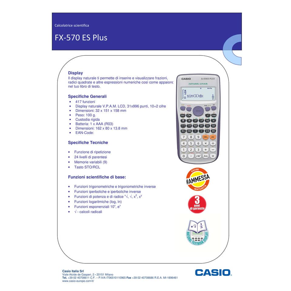 Calcolatrice scientifica Casio FX-570ES PLUS con 417 funzioni. Ammessa alla Maturità - FX-570ESPLUS-2WETV