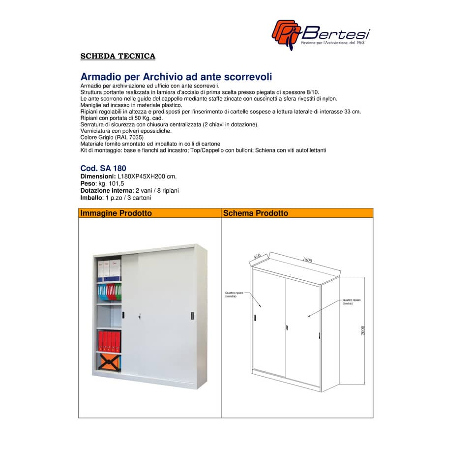 Armadio alto metallico KUBO ante scorrevoli 2 vani/8 ripiani 180x45x200 cm grigio - SA 180