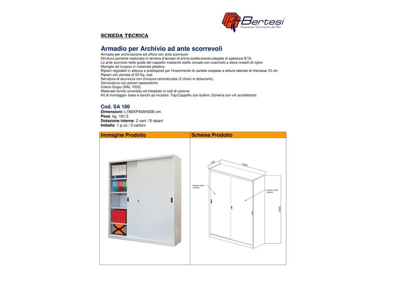 Armadio alto metallico KUBO ante scorrevoli 2 vani/8 ripiani 180x45x200 cm grigio - SA 180