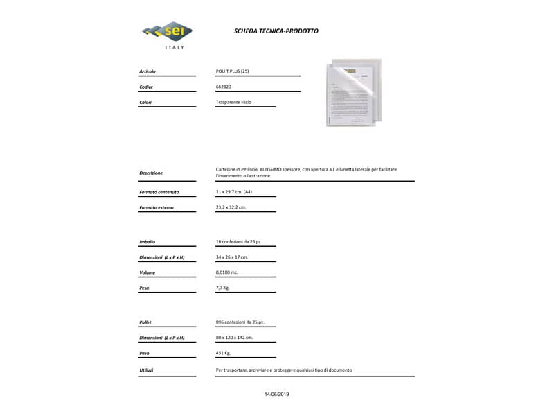 Cartelline a L in PP liscio Sei Rota Poli T-Plus altissimo spessore A4 trasparente - conf. 25 buste - 662320