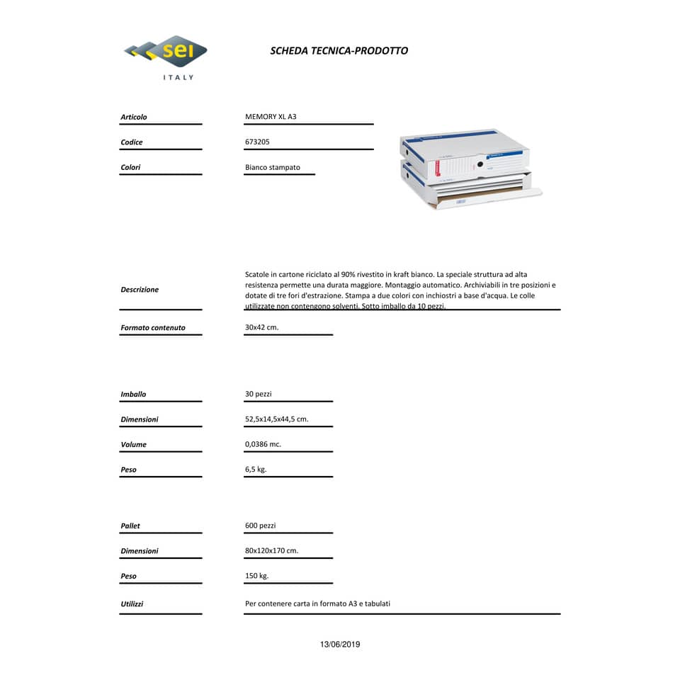 Scatola archivio Sei Rota Memory XL A3 30x42 cm - dorso 8 cm bianco 673205