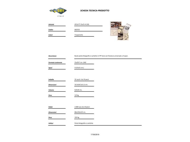 Buste a foratura univ. Sei Rota Atla FT per foto e cartoline 4 spazi 15x21 cm trasparente  conf. 10 buste - 662533