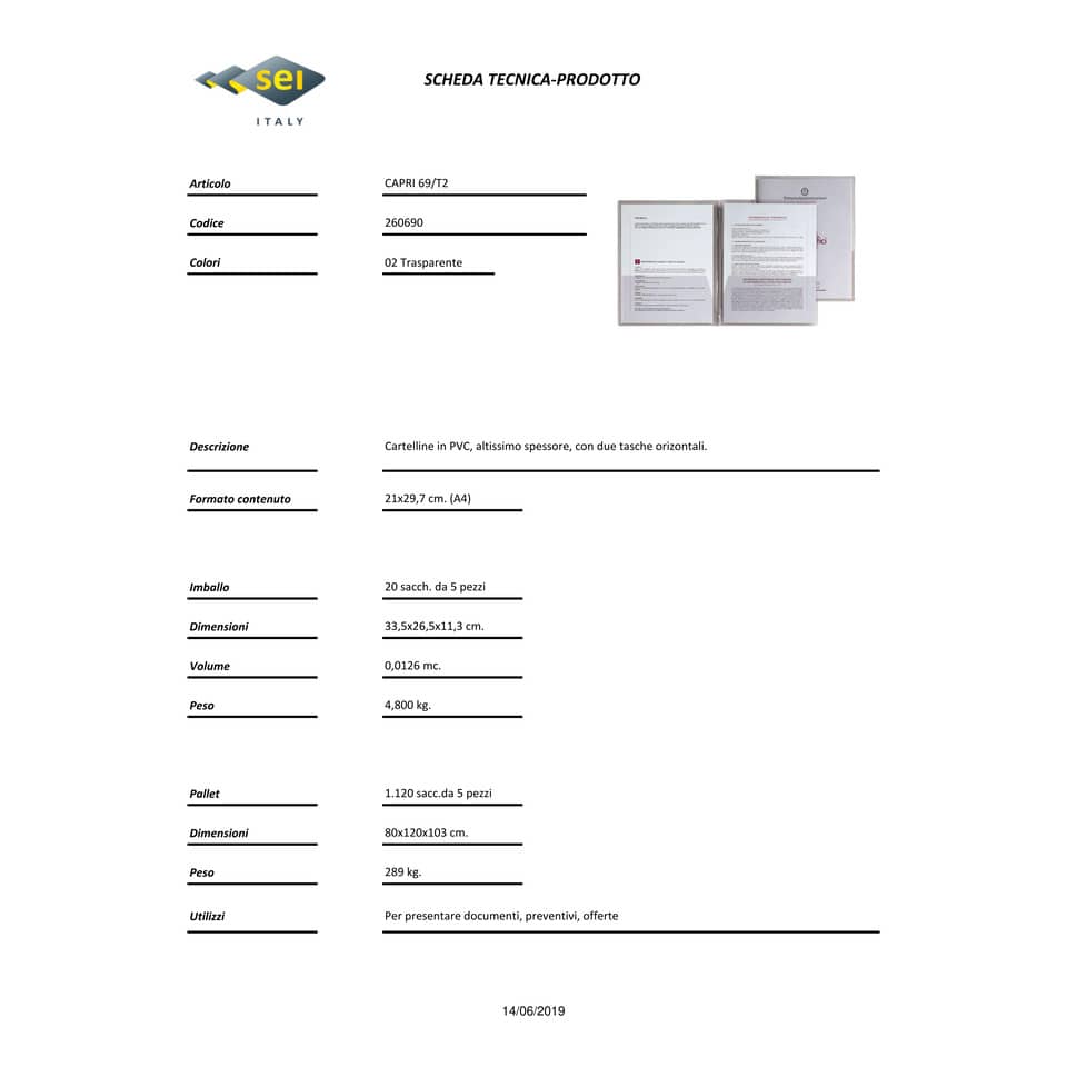 Cartelline con tasca Sei Rota Capri 69/T2 altissimo spessore A4 trasparente conf. da 5 pezzi - 26069002