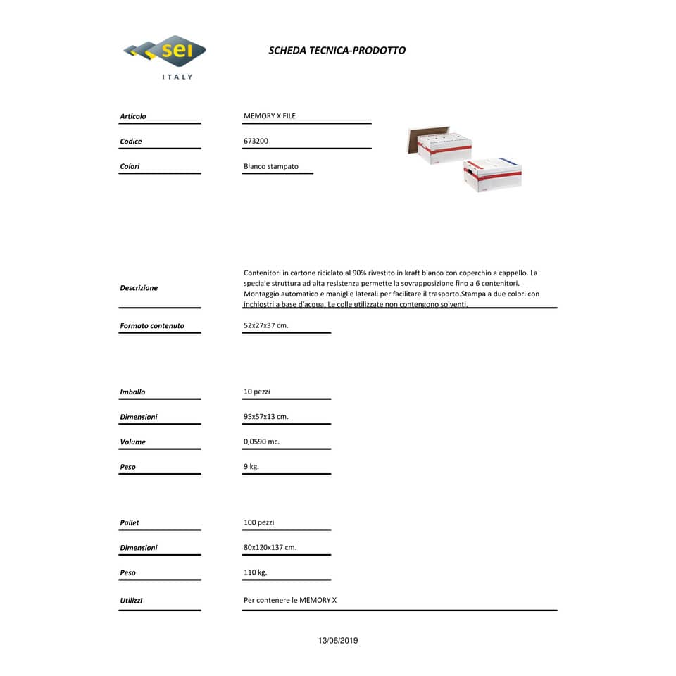 Scatola archivio Sei Rota Memory X File 56x37 cm dorso 27,5 cm bianco 673200