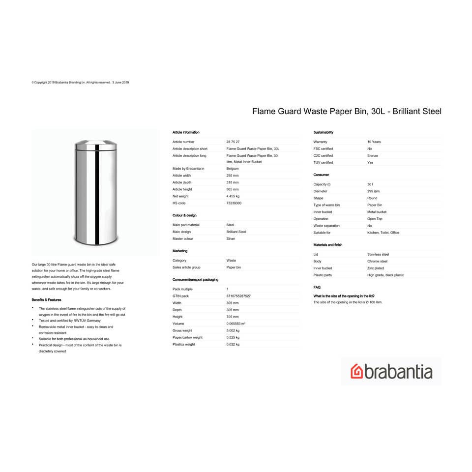 Cestino ignifugo Brabantia Flameguard Paper Bin inox lucido - 30 L - h 68,5 cm 287527