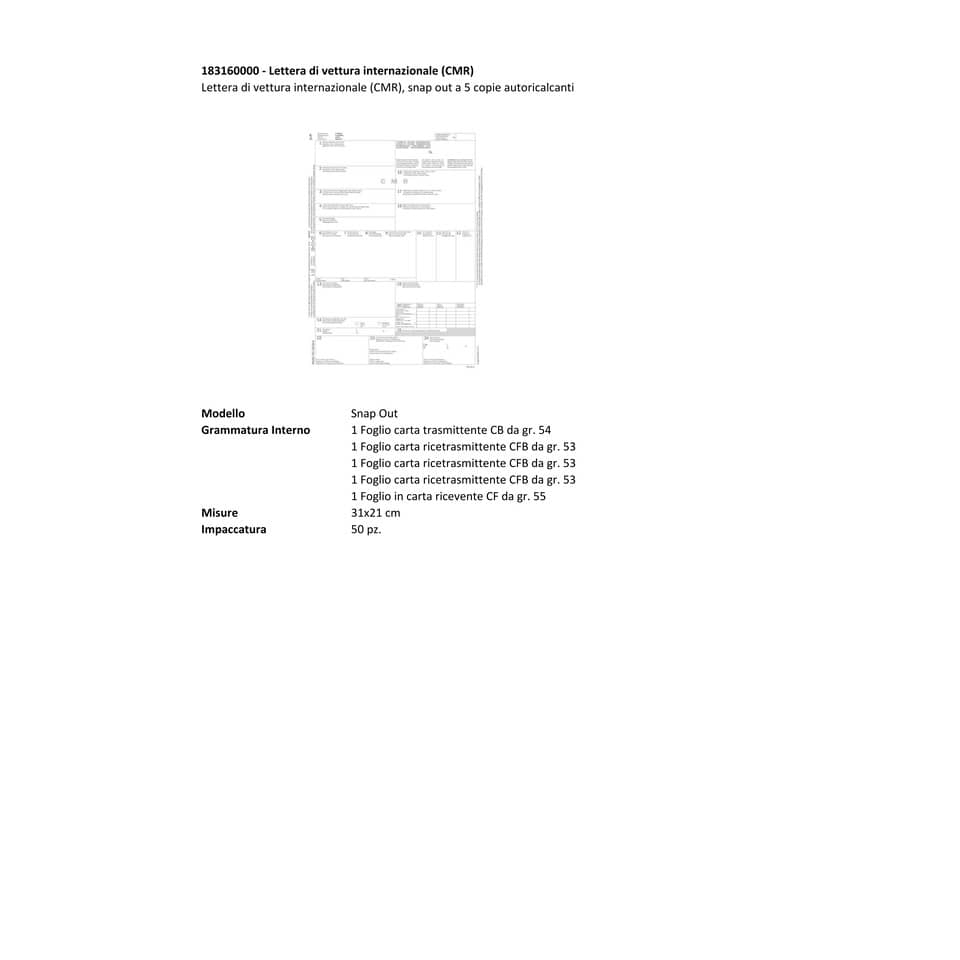 Trasporti Semper lettera di vettura internazionale (CMR) - snap out 5 copie autoric.  conf. da 50 pezzi - 183160000