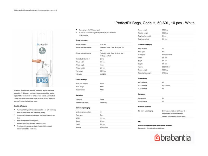 Sacchetti PerfectFit Brabantia codice H 50-60 litri - bianco rotolo da 10 sacchetti - 246784