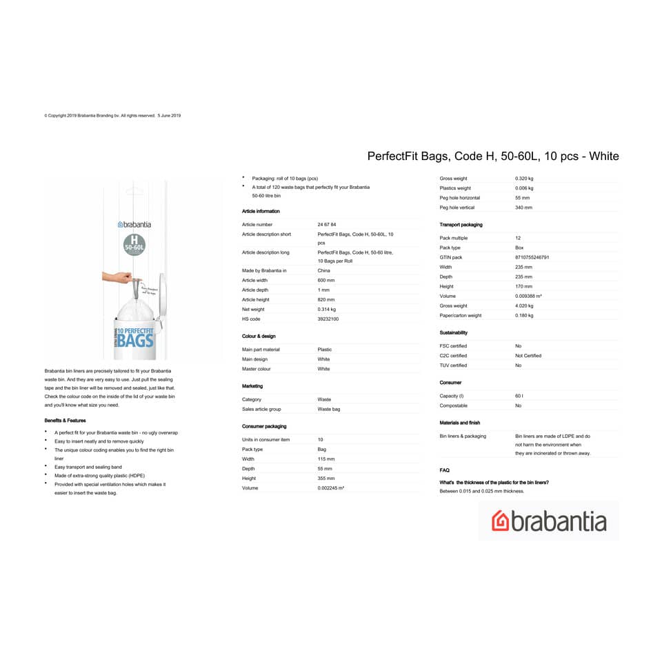 Sacchetti PerfectFit Brabantia codice H 50-60 litri - bianco rotolo da 10 sacchetti - 246784