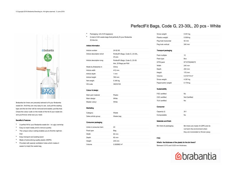 Sacchetti PerfectFit Brabantia codice G 23-30 litri - bianco rotolo da 20 sacchetti - 246265