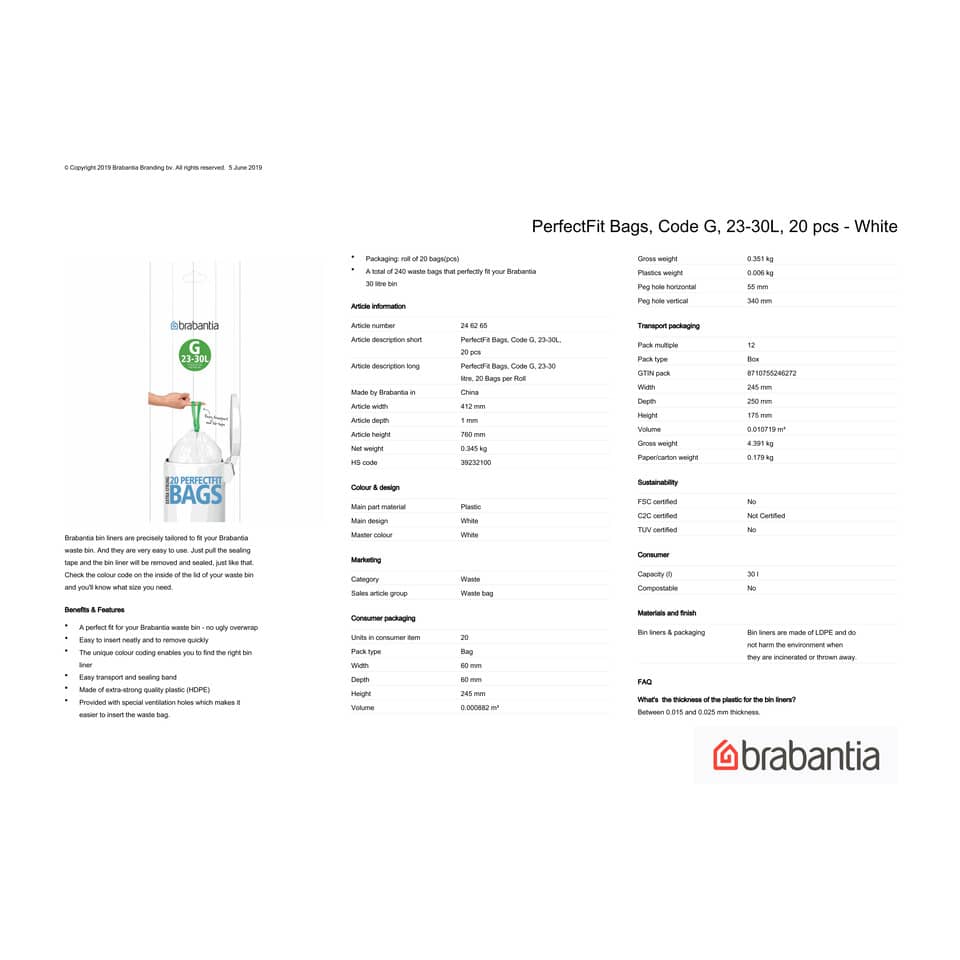 Sacchetti PerfectFit Brabantia codice G 23-30 litri - bianco rotolo da 20 sacchetti - 246265