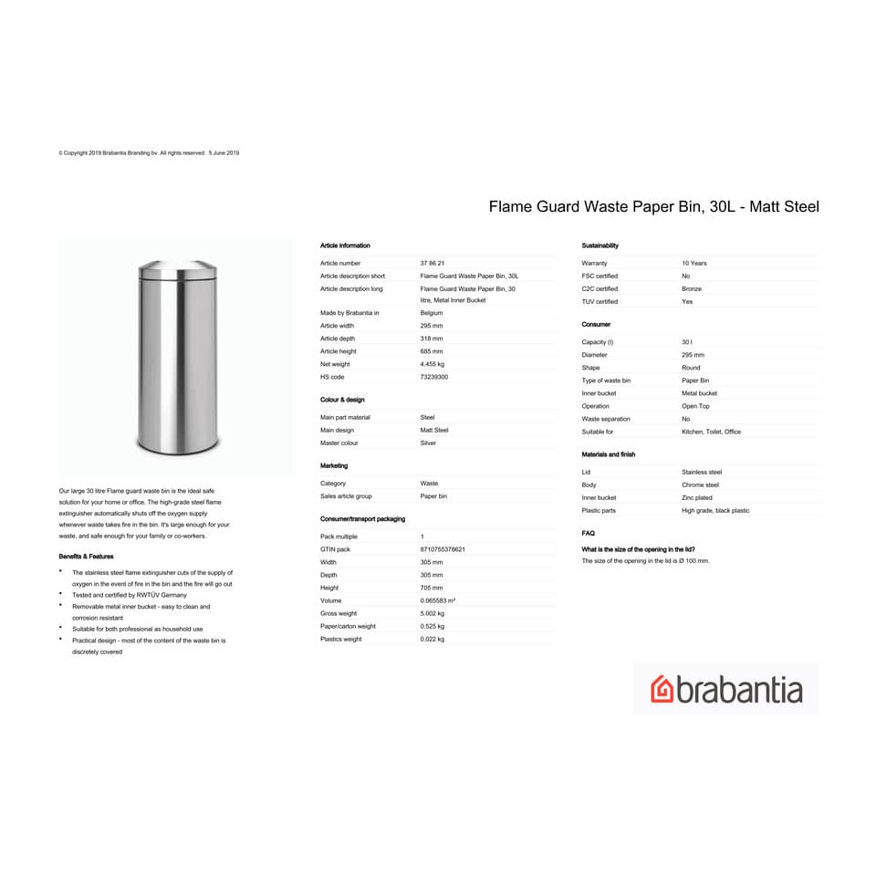 Cestino ignifugo Brabantia Flameguard Paper Bin inox satinato  - 30 L - h 68,5 cm 378621