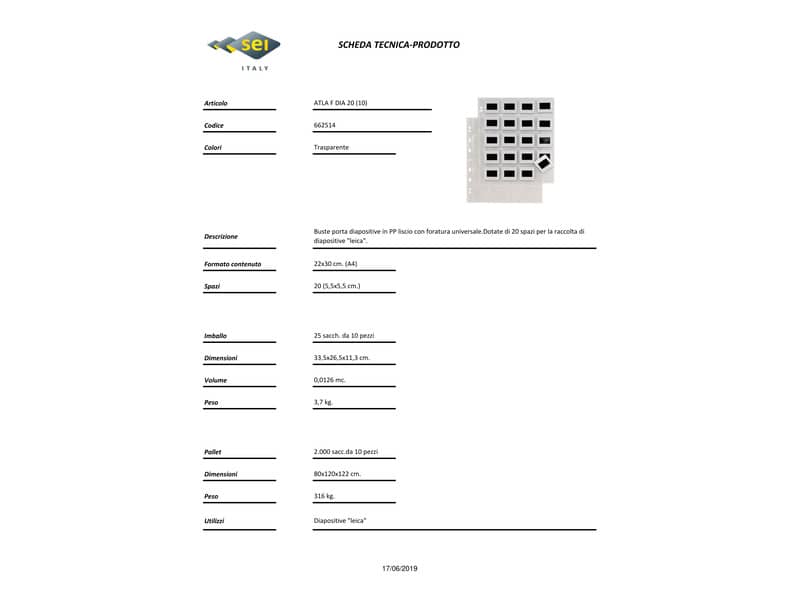 Buste a foratura universale Sei Rota Atla F per diapositive 20 spazi 5,5x5,5 cm trasparente  conf.10 buste 662514