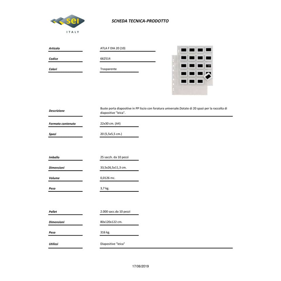 Buste a foratura universale Sei Rota Atla F per diapositive 20 spazi 5,5x5,5 cm trasparente  conf.10 buste 662514