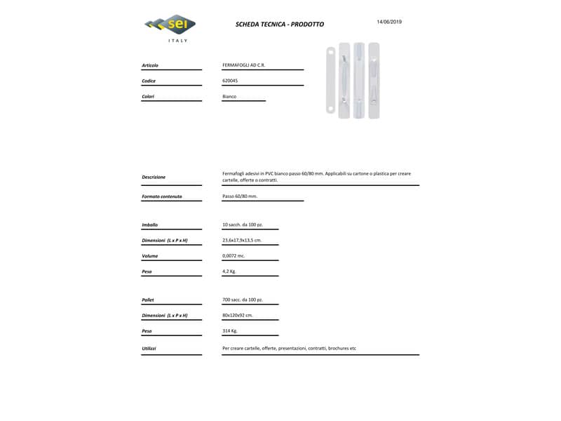 Fermafogli adesivi fastener Sei Rota con pressino bianco - passo 80 mm - conf. 100 pz. - 620045