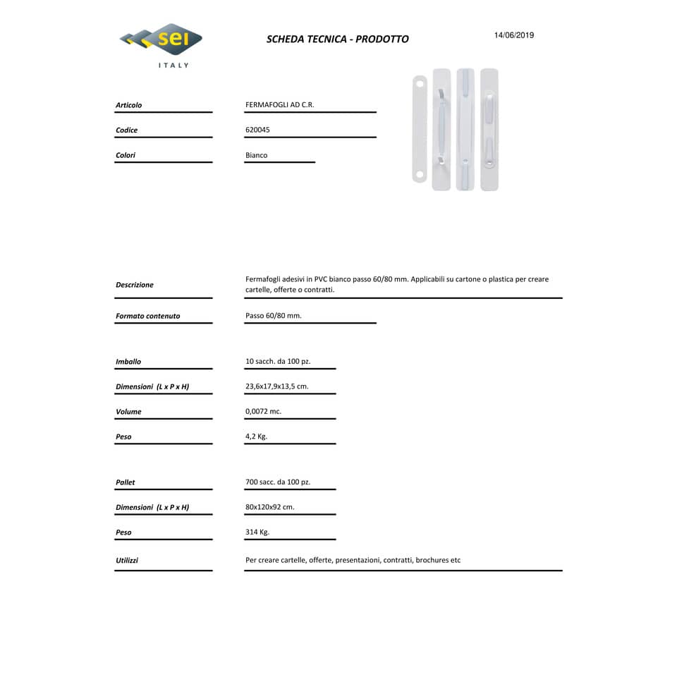 Fermafogli adesivi fastener Sei Rota con pressino bianco - passo 80 mm - conf. 100 pz. - 620045