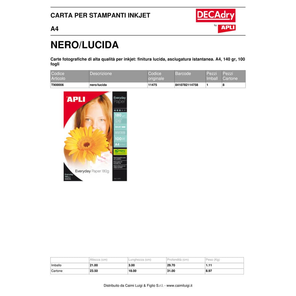 Carta fotografica inkjet Decadry A4 alta qualità - finitura lucida - 180 g/m² bianco  Conf. 100 fogli - T900006