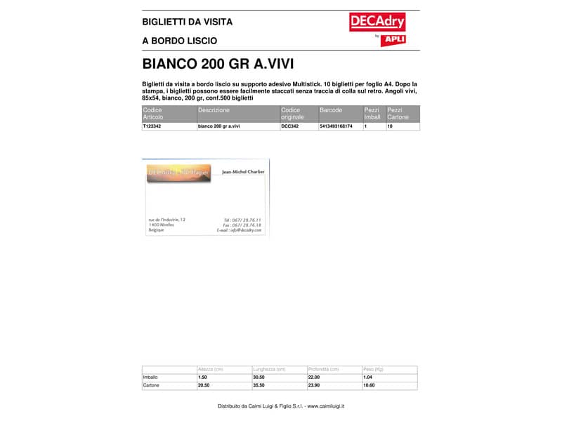 Biglietti da visita Decadry bordo liscio angoli vivi 85x54 mm. Fogli A4 bianco Conf. 500 biglietti - T123342