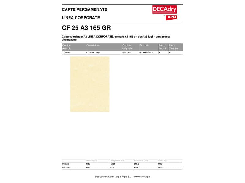 Carta pergamenata Decadry Linea Corporate A3 champagne 165 g/m² Conf. 25 fogli - T105027