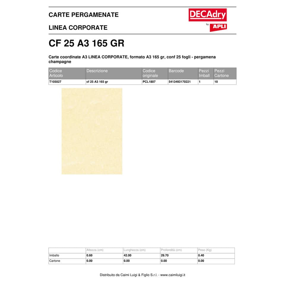 Carta pergamenata Decadry Linea Corporate A3 champagne 165 g/m² Conf. 25 fogli - T105027