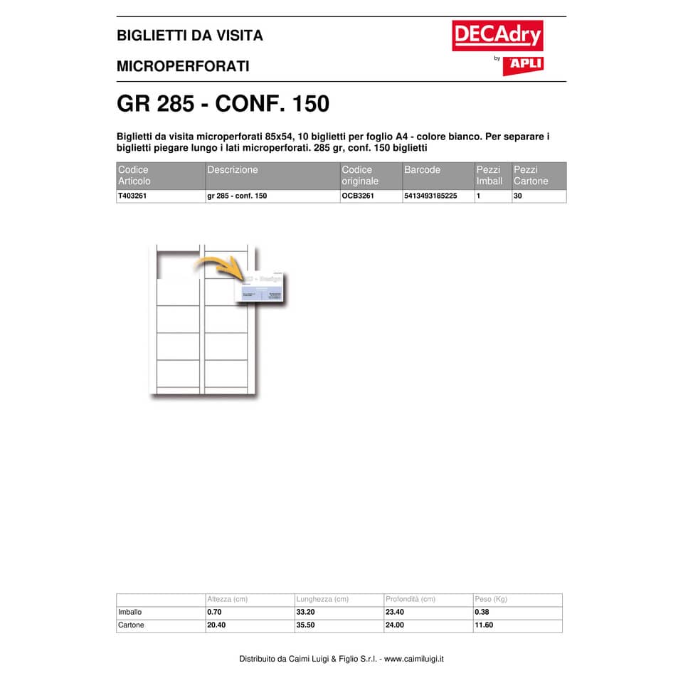 Biglietti da visita Decadry microperforati 85x54 mm. Fogli A4 bianco Conf. 150 biglietti - T403261