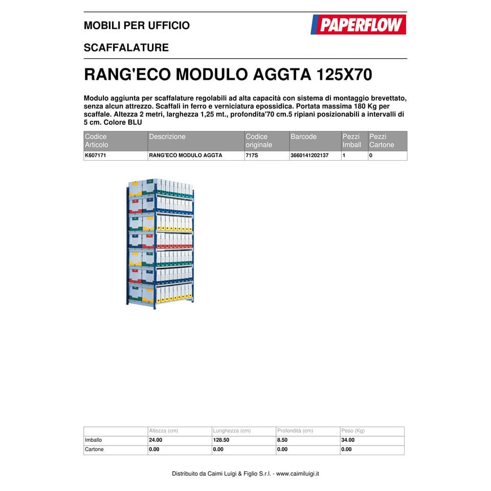 Scaffalatura metallica Paperflow Rang'Eco ad incastro 5 ripiani modulo aggiunta blu - K607171