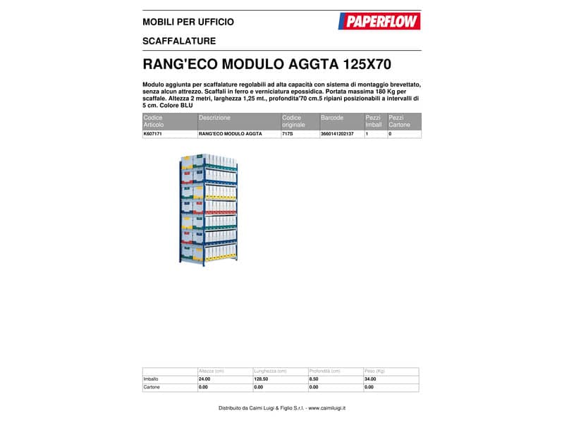 Scaffalatura metallica Paperflow Rang'Eco ad incastro 5 ripiani modulo aggiunta blu - K607171