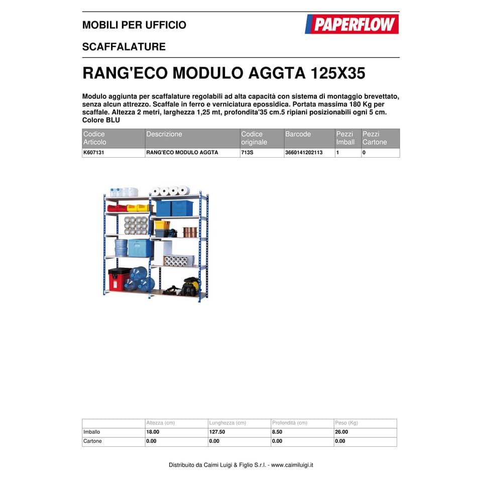 Scaffalatura metallica Paperflow Rang'Eco ad incastro 5 ripiani modulo aggiunta blu - K607131
