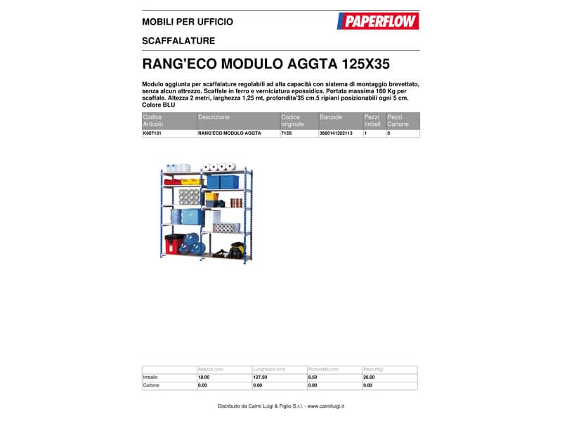 Scaffalatura metallica Paperflow Rang'Eco ad incastro 5 ripiani modulo aggiunta blu - K607131