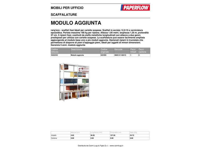 Scaffalatura metall. Paperflow Rang'Eco ad incastro 5 ripiani per cartelle sospese modulo aggiunta grigio - K652232