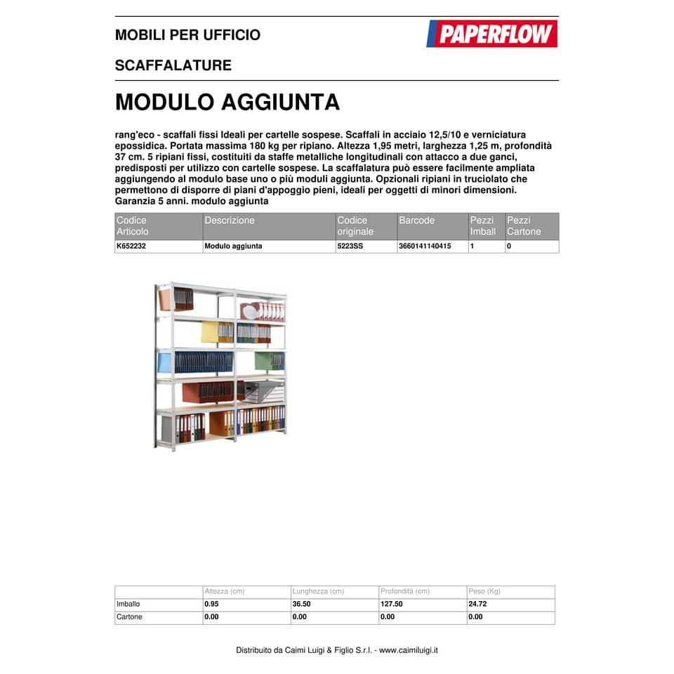 Scaffalatura metall. Paperflow Rang'Eco ad incastro 5 ripiani per cartelle sospese modulo aggiunta grigio - K652232